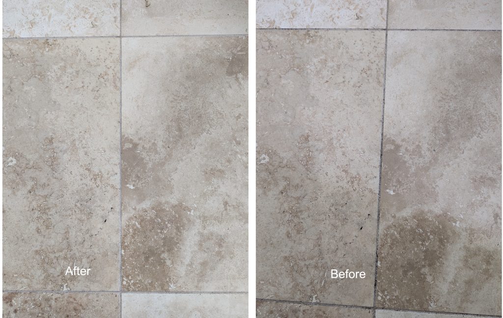 Kitchen floor tiles before and after one application of DIY cleaner