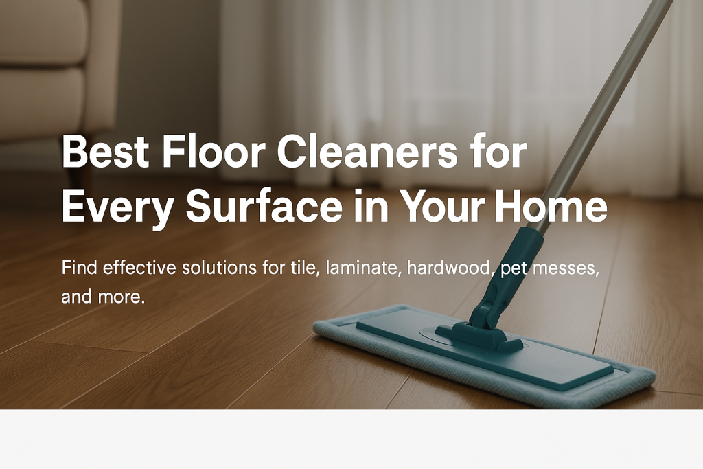 Realistic photo collage of clean tile, hardwood, and terrazzo floors in a sunny home for best floor cleaners