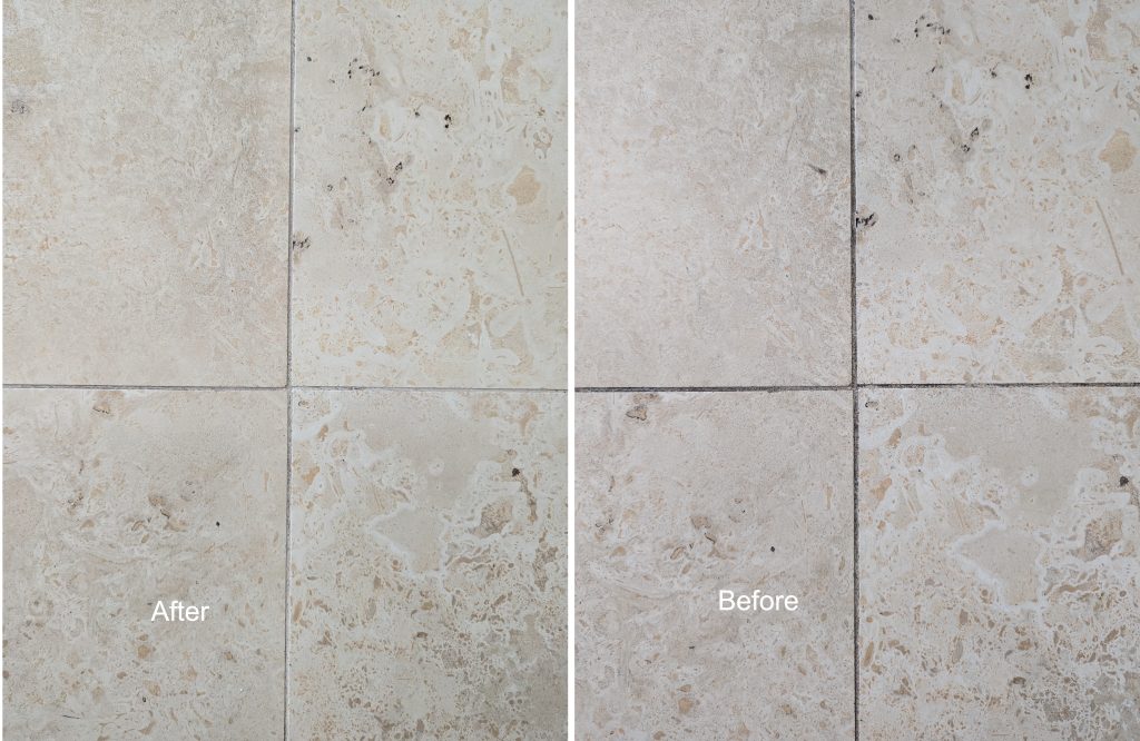 Kitchen tiles before/after using chemical cleaners. Clean Grout without scrubbing